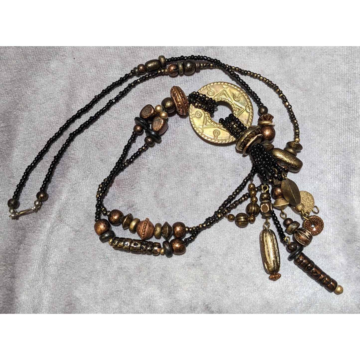 Vintage Southwestern Black And Gold Beaded Tassel Necklace