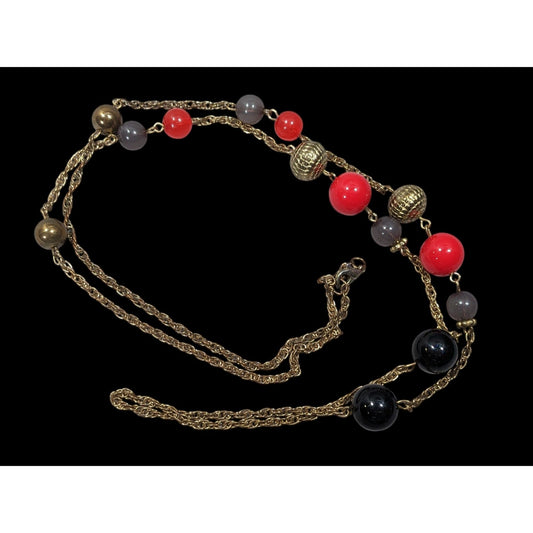 Casual Red Black And Gold Tone Beaded Chain Station Necklace