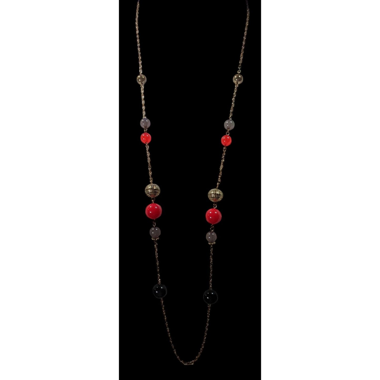 Casual Red Black And Gold Tone Beaded Chain Station Necklace
