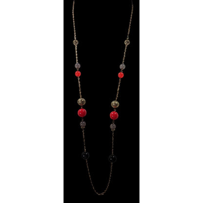 Casual Red Black And Gold Tone Beaded Chain Station Necklace