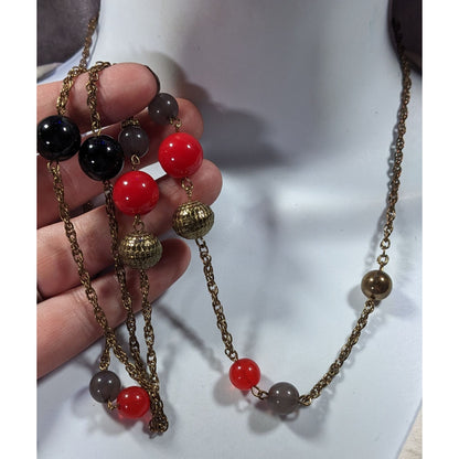 Casual Red Black And Gold Tone Beaded Chain Station Necklace