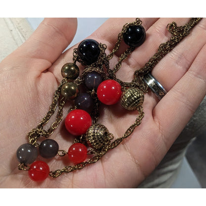 Casual Red Black And Gold Tone Beaded Chain Station Necklace