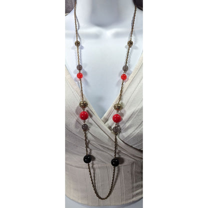 Casual Red Black And Gold Tone Beaded Chain Station Necklace