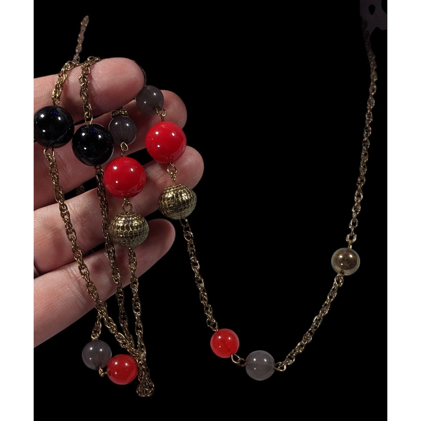 Casual Red Black And Gold Tone Beaded Chain Station Necklace