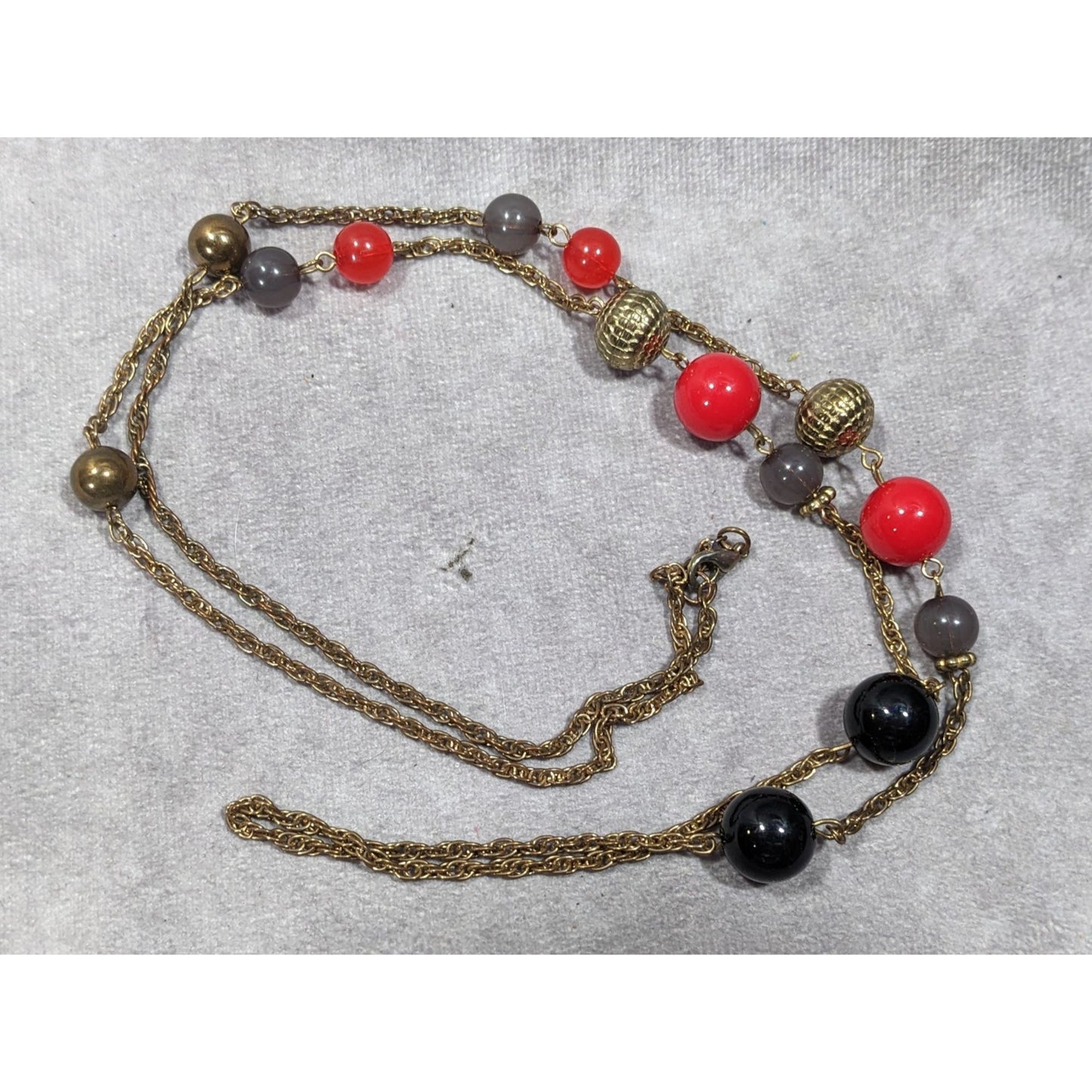 Casual Red Black And Gold Tone Beaded Chain Station Necklace