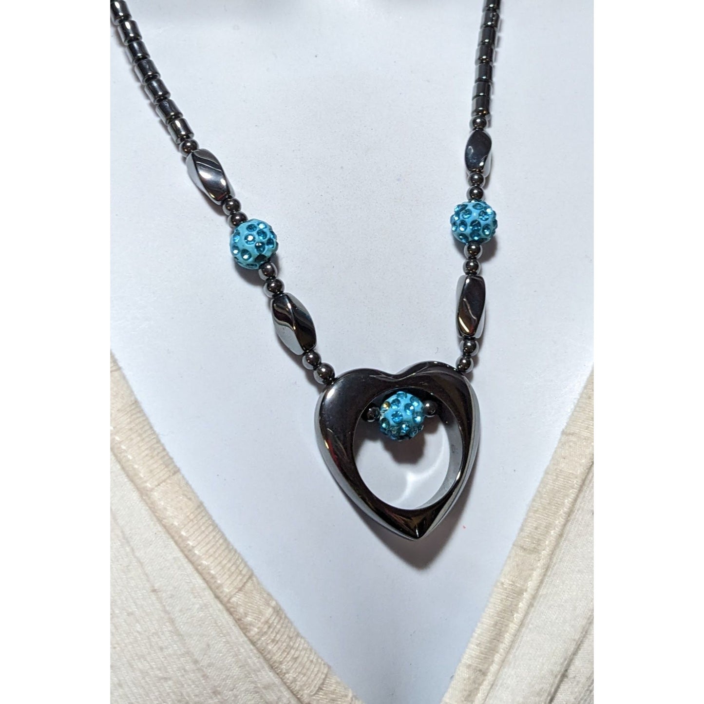 Hematite Open Heart Beaded Pendant Necklace