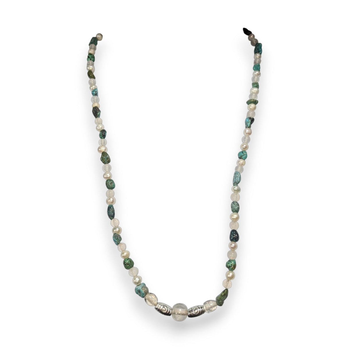Boho Natural Raw Turquoise Pearl Glass White Green Beaded Necklace 21 Inch