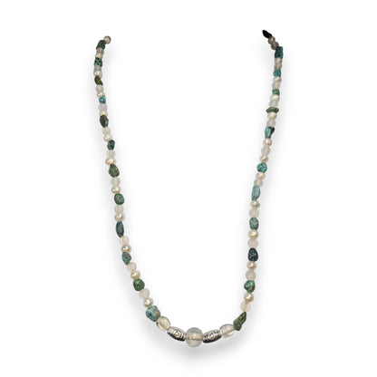 Boho Natural Raw Turquoise Pearl Glass White Green Beaded Necklace 21 Inch