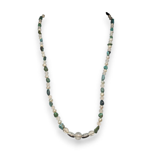 Boho Natural Raw Turquoise Pearl Glass White Green Beaded Necklace 21 Inch