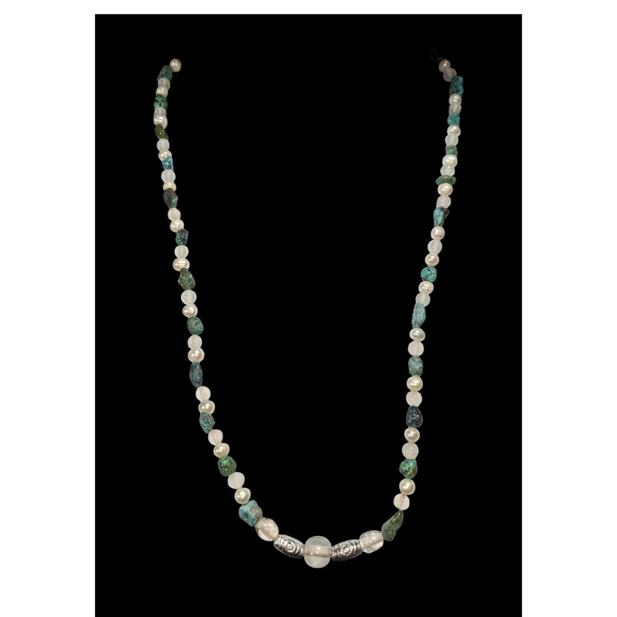 Boho Natural Raw Turquoise Pearl Glass White Green Beaded Necklace 21 Inch