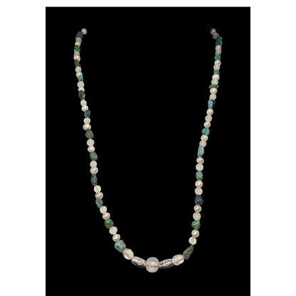 Boho Natural Raw Turquoise Pearl Glass White Green Beaded Necklace 21 Inch