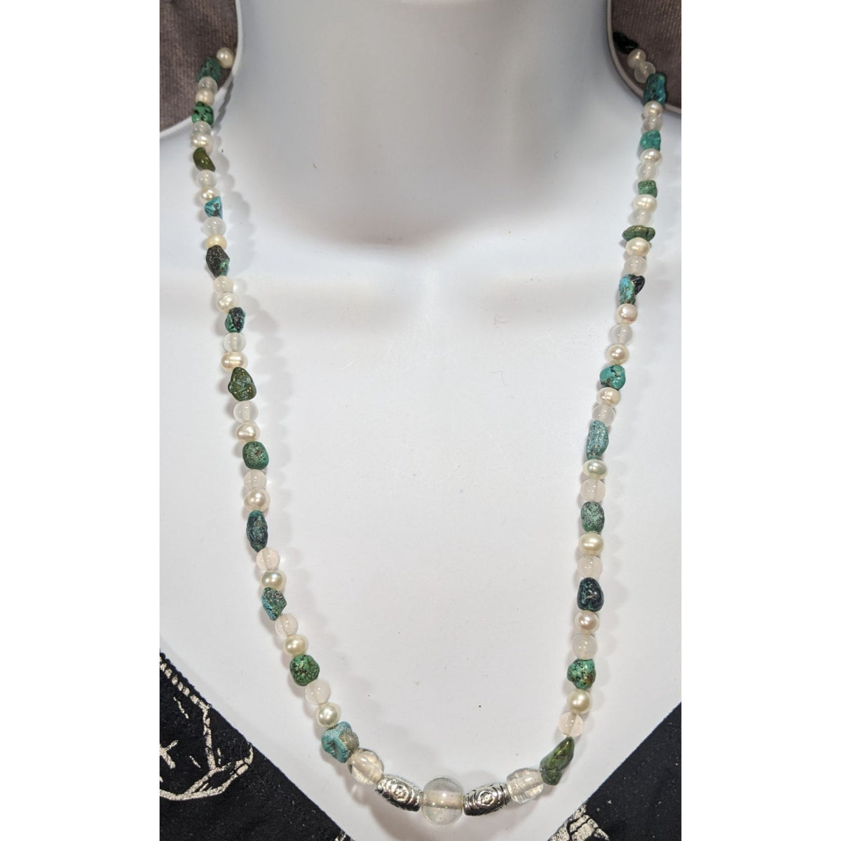 Boho Natural Raw Turquoise Pearl Glass White Green Beaded Necklace 21 Inch