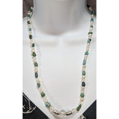 Boho Natural Raw Turquoise Pearl Glass White Green Beaded Necklace 21 Inch