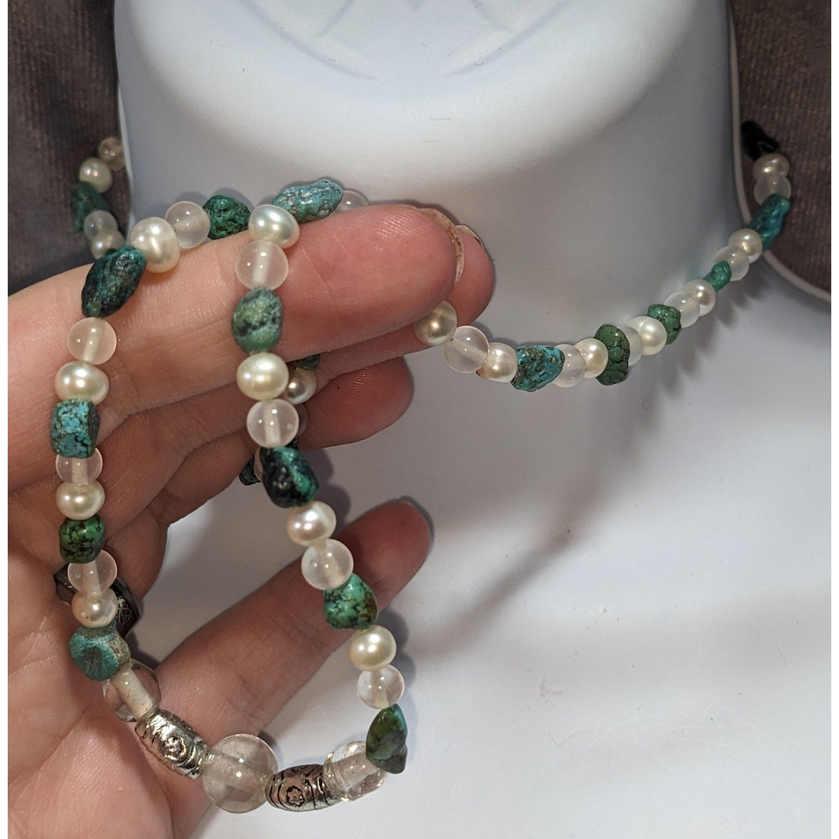 Boho Natural Raw Turquoise Pearl Glass White Green Beaded Necklace 21 Inch