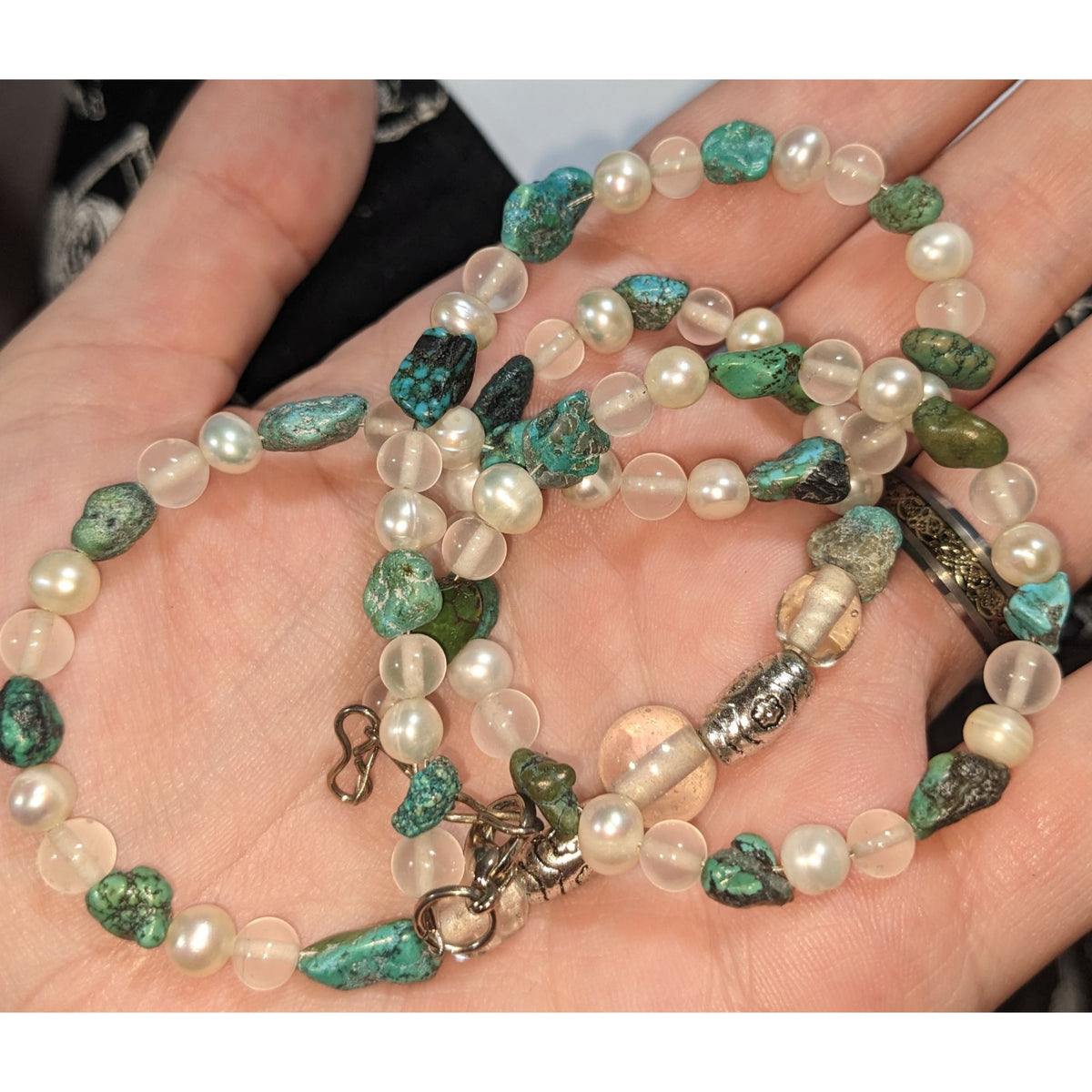 Boho Natural Raw Turquoise Pearl Glass White Green Beaded Necklace 21 Inch