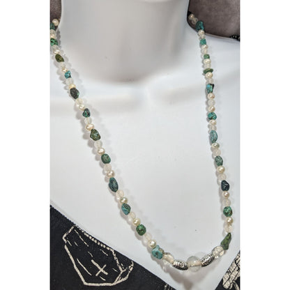 Boho Natural Raw Turquoise Pearl Glass White Green Beaded Necklace 21 Inch
