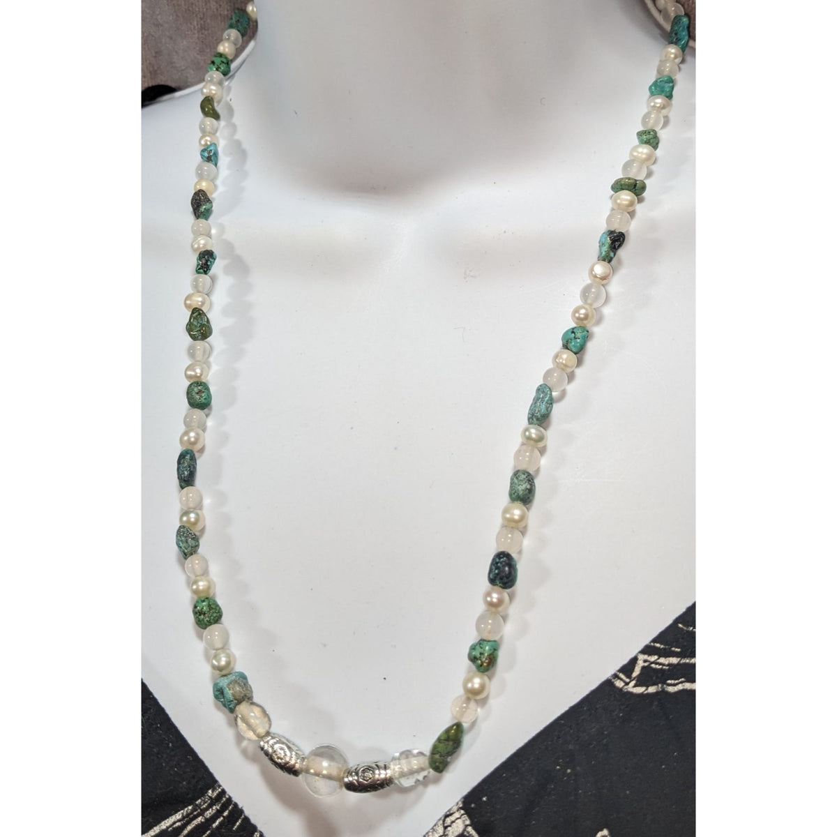 Boho Natural Raw Turquoise Pearl Glass White Green Beaded Necklace 21 Inch