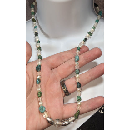 Boho Natural Raw Turquoise Pearl Glass White Green Beaded Necklace 21 Inch