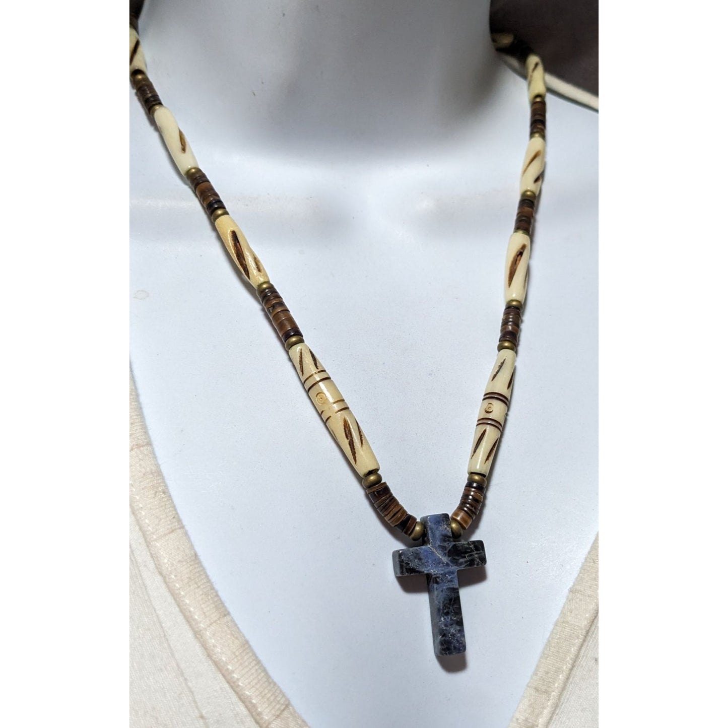 Vintage Carved Bead Blue Jasper Cross Necklace