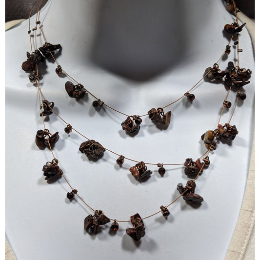 Layered Stone Chip And Rhinestone Necklace On Copper Tone Beading Wire