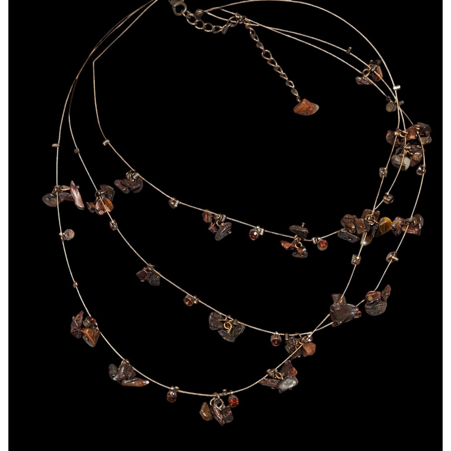 Layered Stone Chip And Rhinestone Necklace On Copper Tone Beading Wire