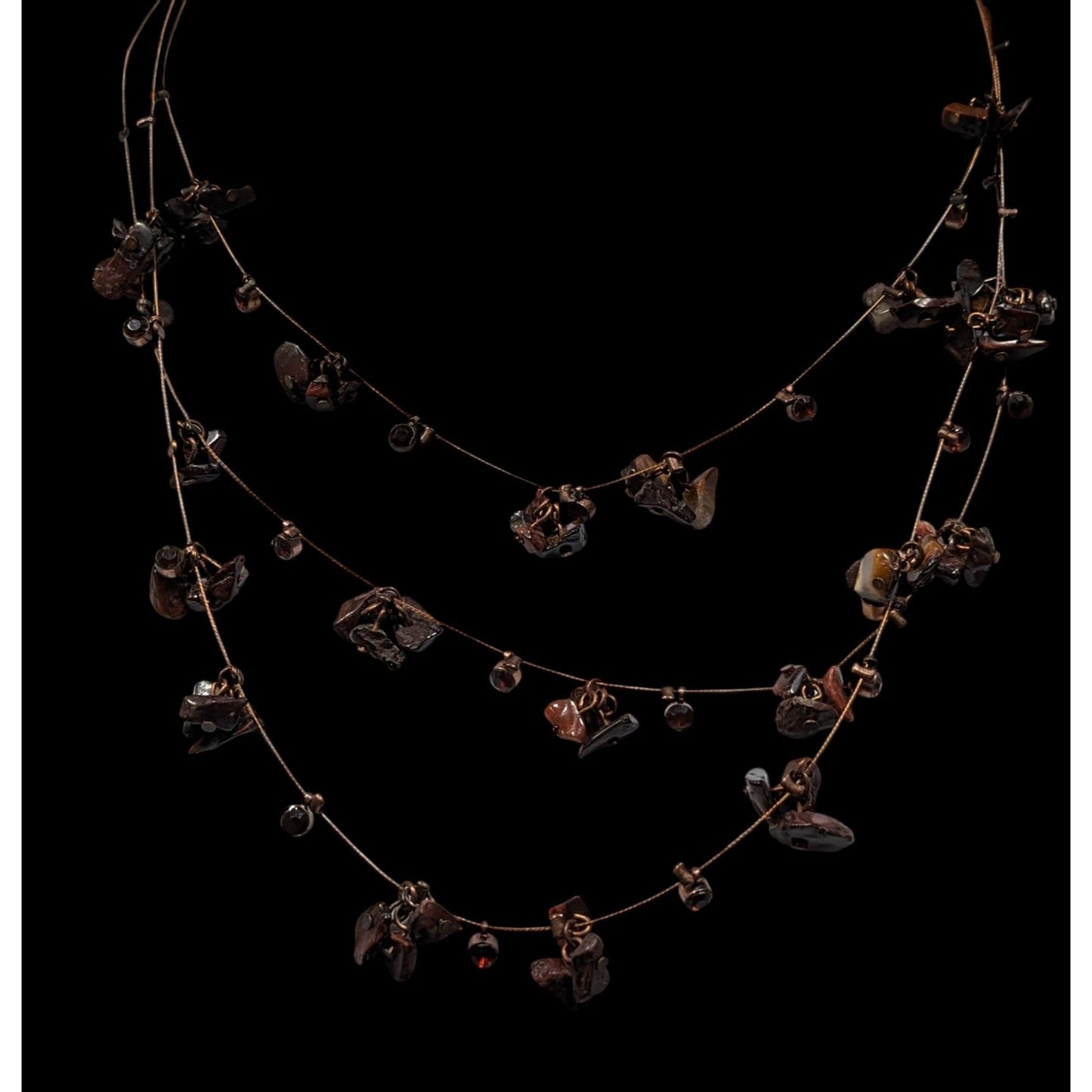 Layered Stone Chip And Rhinestone Necklace On Copper Tone Beading Wire
