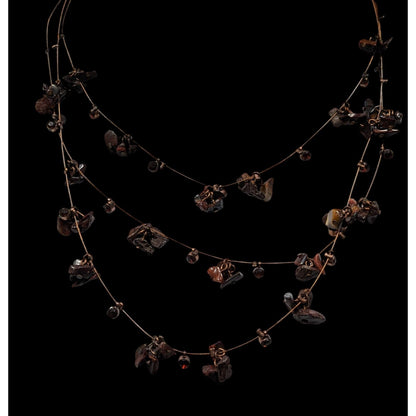 Layered Stone Chip And Rhinestone Necklace On Copper Tone Beading Wire