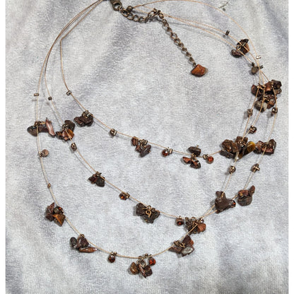 Layered Stone Chip And Rhinestone Necklace On Copper Tone Beading Wire