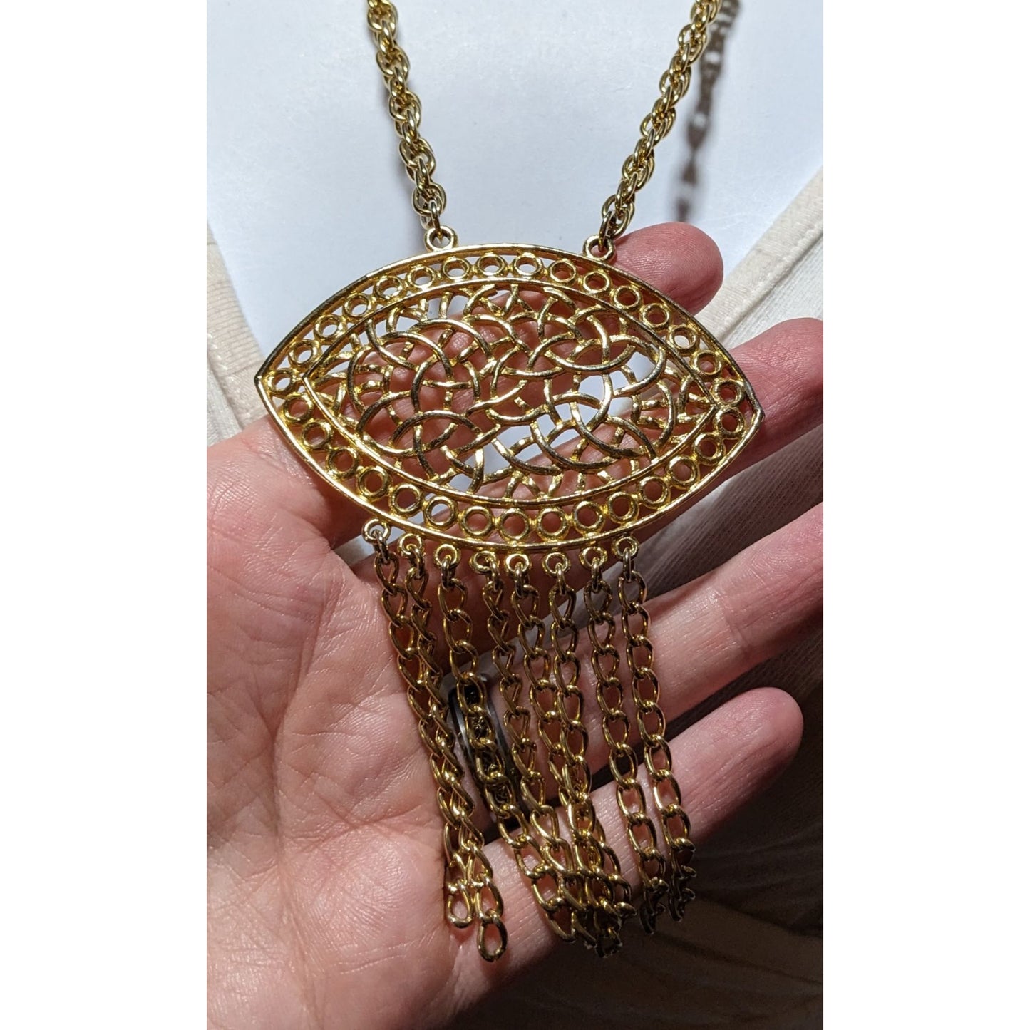 Gold Fringe Open Floral Medallion Necklace