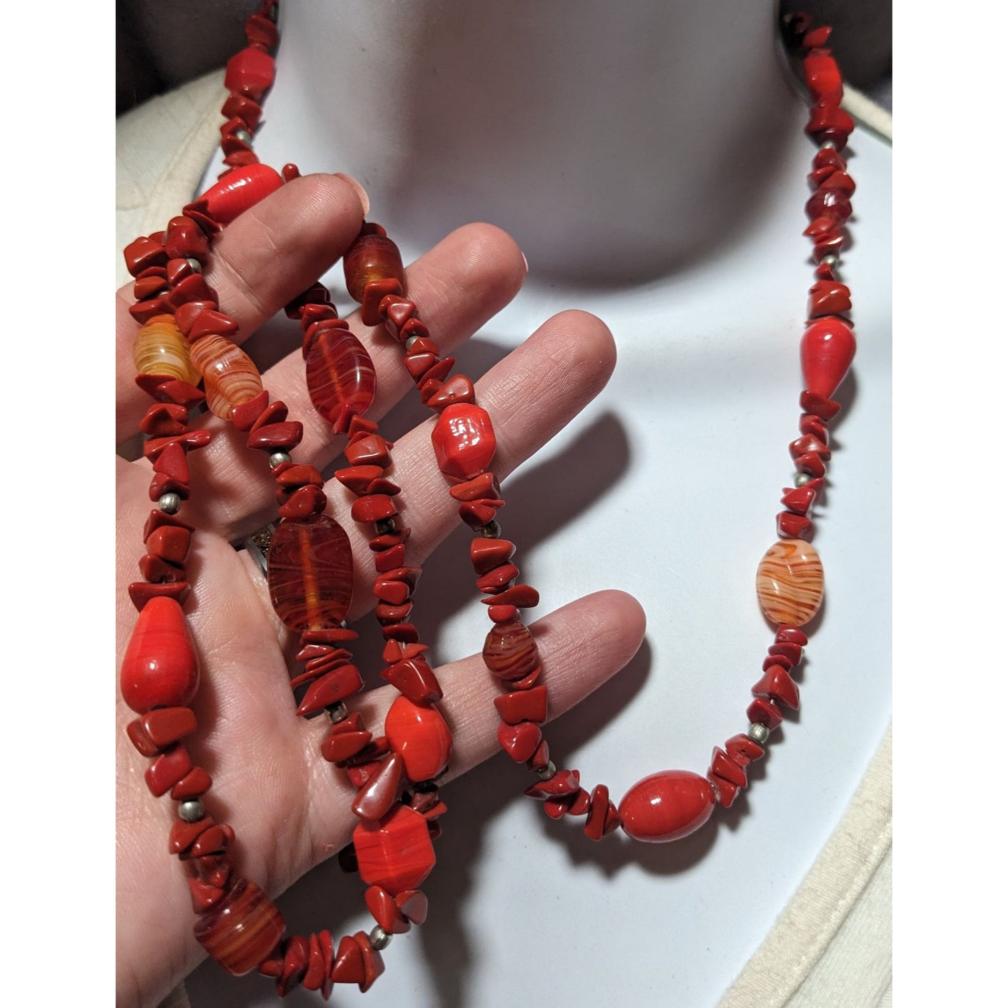 Red Jasper Chip And Glass Beaded Necklace