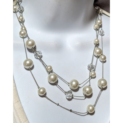 Silver Faux Pearl Multilayer Beaded Floating Necklace