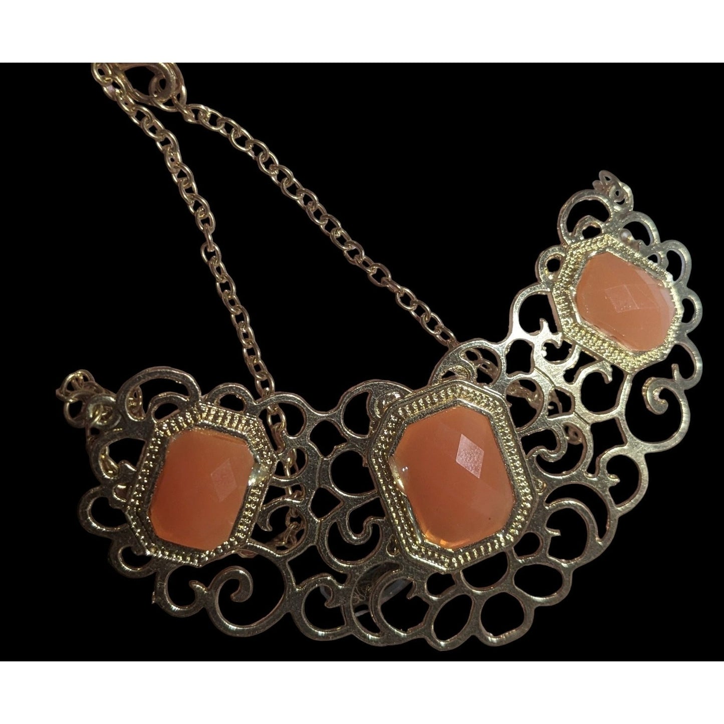 Vintage Gold Tone Filigree Necklace With Orange Stone Accents