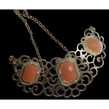 Vintage Gold Tone Filigree Necklace With Orange Stone Accents