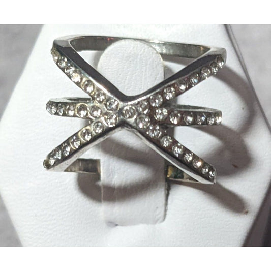 Elegant Glam Rhinestone Silver Tone Triple Crossover Ring Size 7