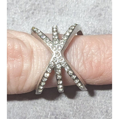 Elegant Glam Rhinestone Silver Tone Triple Crossover Ring Size 7