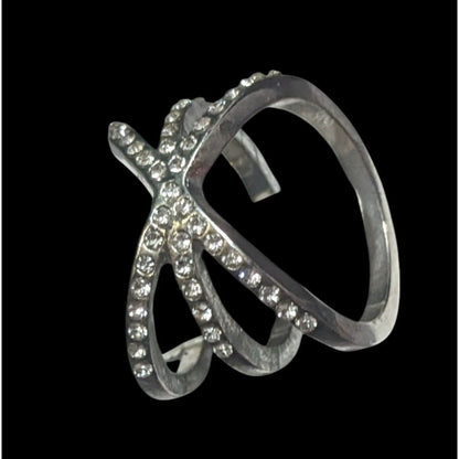 Elegant Glam Rhinestone Silver Tone Triple Crossover Ring Size 7