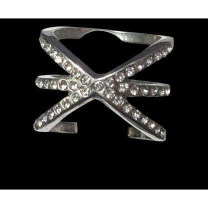 Elegant Glam Rhinestone Silver Tone Triple Crossover Ring Size 7