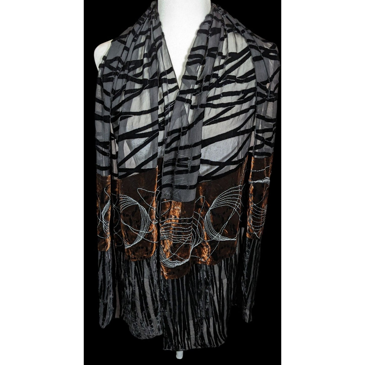 Vintage Abstract Velvet Burnout Scarf Black And Brown With Embroidered Details