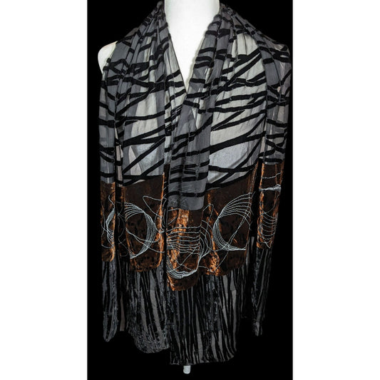 Vintage Abstract Velvet Burnout Scarf Black And Brown With Embroidered Details