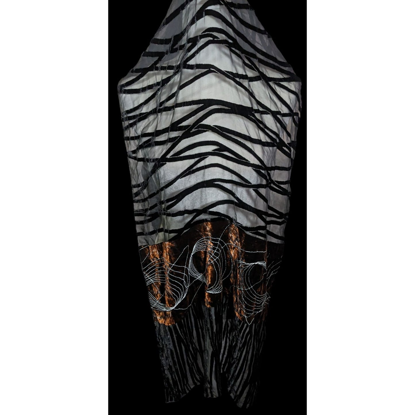 Vintage Abstract Velvet Burnout Scarf Black And Brown With Embroidered Details