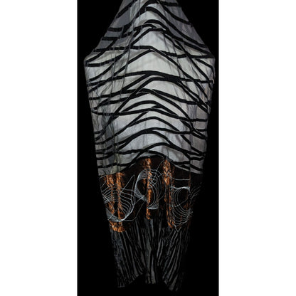 Vintage Abstract Velvet Burnout Scarf Black And Brown With Embroidered Details
