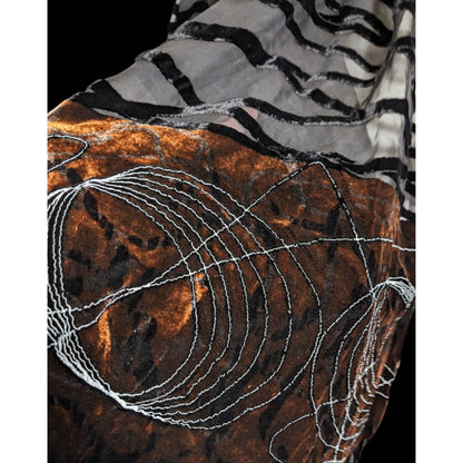 Vintage Abstract Velvet Burnout Scarf Black And Brown With Embroidered Details