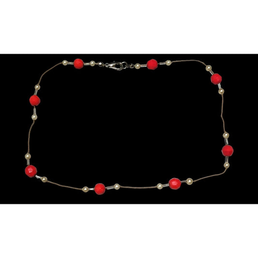 Minimalist Red And White Glass Pearl Beaded Necklace