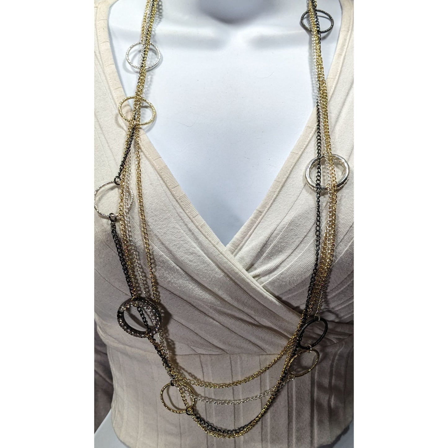 Daisy Fuentes Multi Metallic Layered Chain Necklace With Rhinestone Rings
