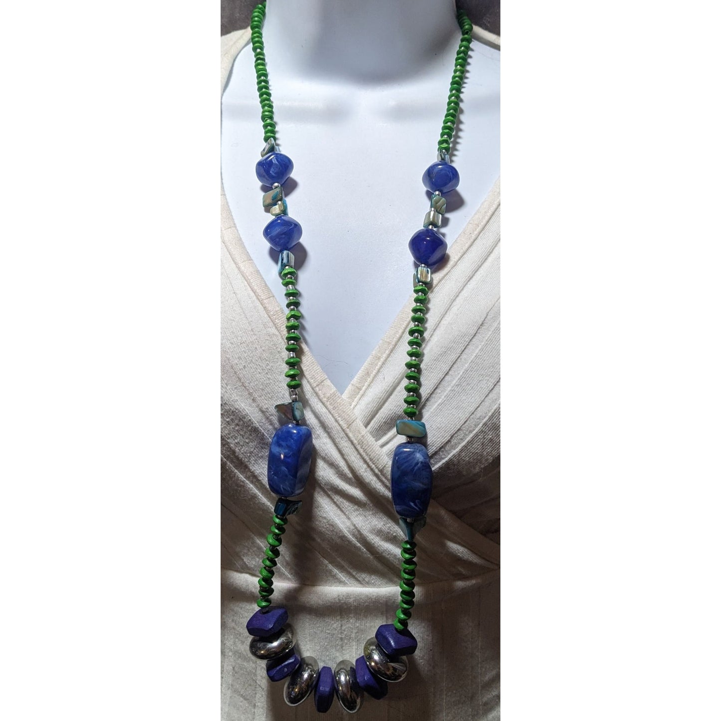 Chico's Long Blue And Green Beaded Necklace