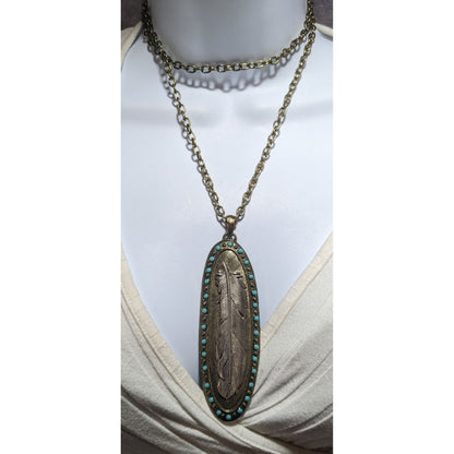 Bohemian Metal Turquoise Feather Pendant Necklace