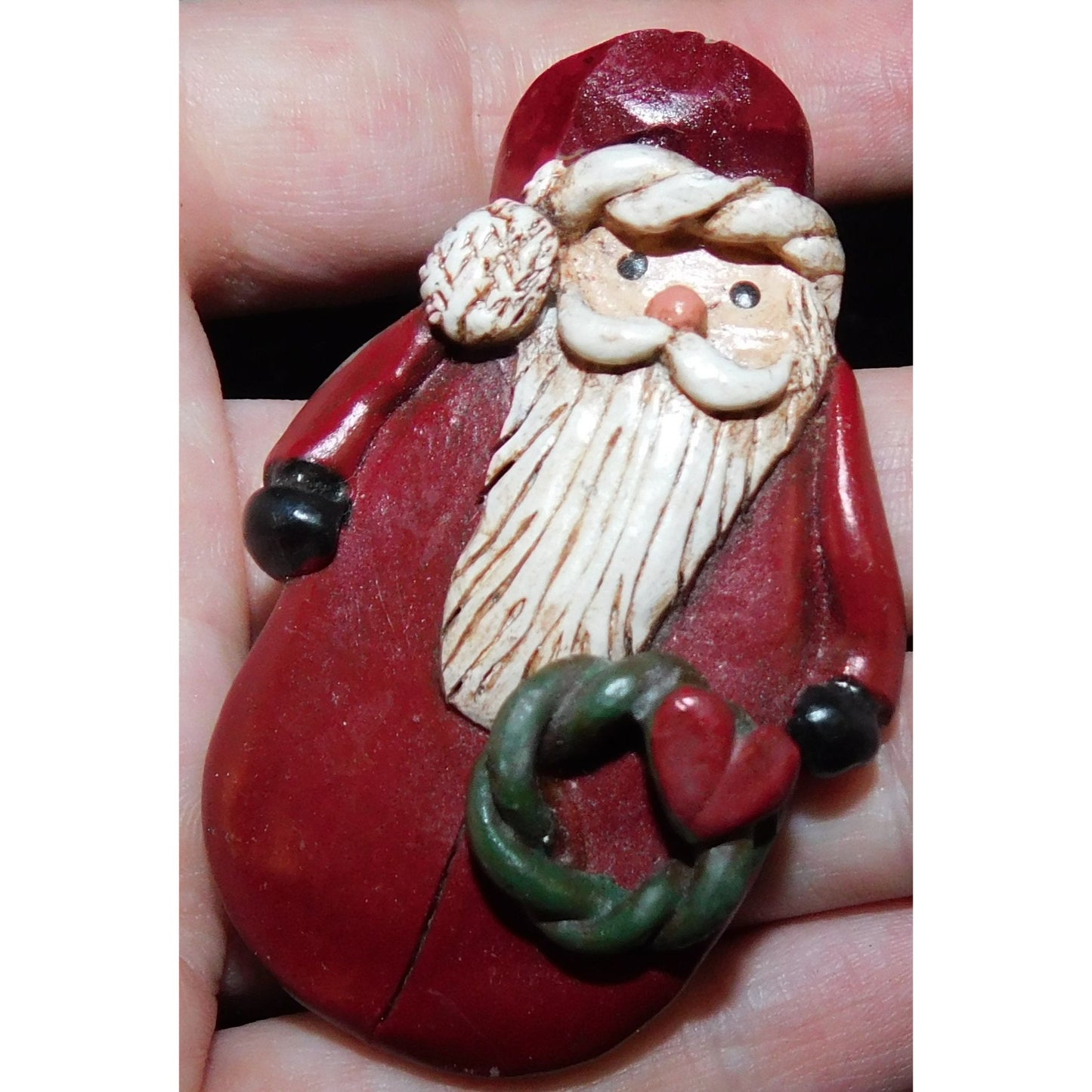 Vintage Rustic Santa Brooch Painted Wood-Look