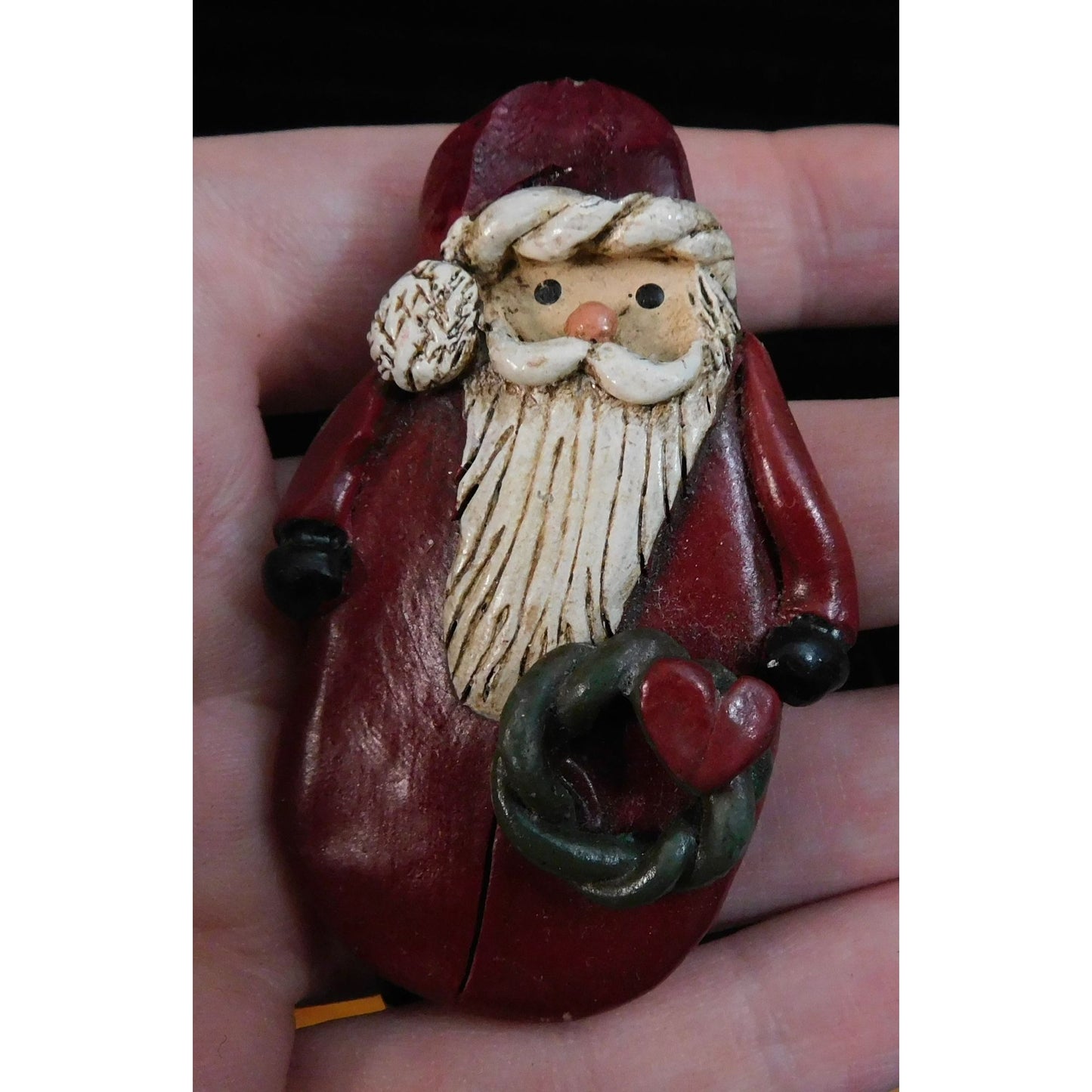 Vintage Rustic Santa Brooch Painted Wood-Look