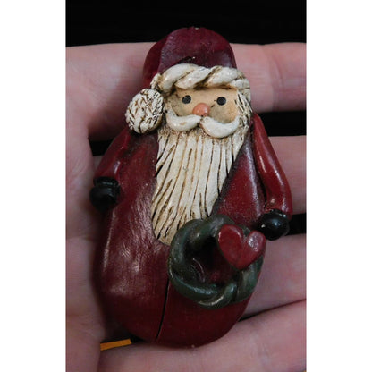 Vintage Rustic Santa Brooch Painted Wood-Look