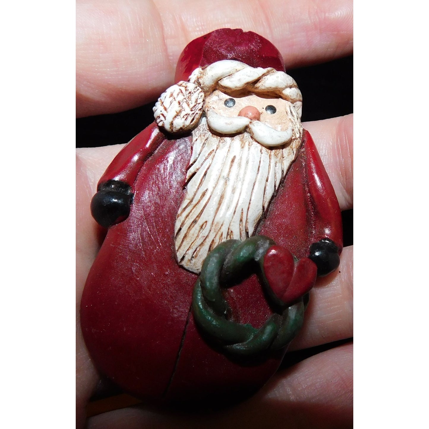 Vintage Rustic Santa Brooch Painted Wood-Look